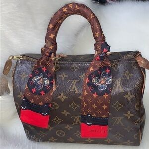 BROWN & RED LEOPARD FLOWER SCARF TWILLY BAG HANDLE WARP HAIR TIE